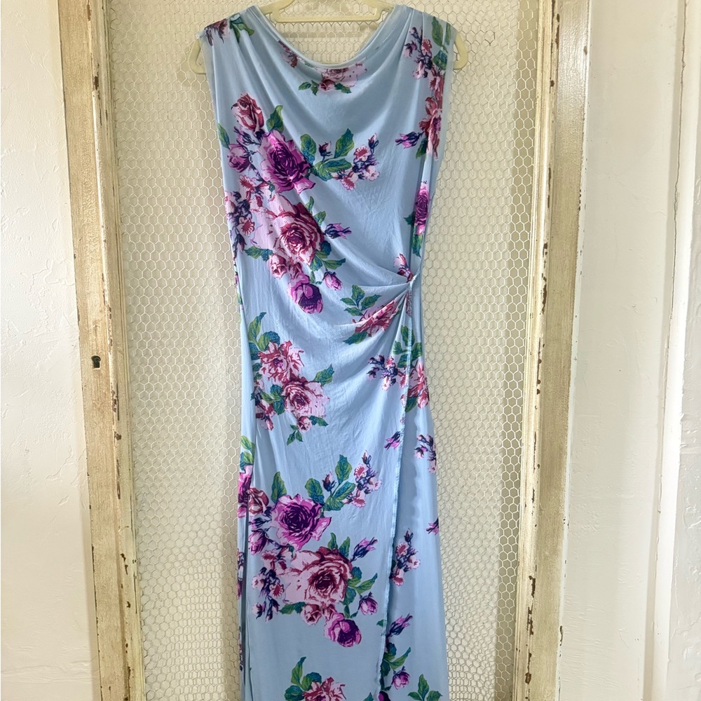 Free People Light Blue Floral Mesh Midi Dress sleeveless with slits